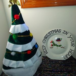 NWOT Christmas Tree Hat (velvet) & Santa's Cookie Plate (breakable)